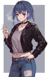 Rule 34 | 1girl, absurdres, black choker, blue eyes, blue hair, choker, cigarette, contemporary, denim, ear piercing, grey background, grey shirt, hand on own hip, highres, hitozche, holding, holding cigarette, hololive, hololive english, jacket, jeans, leather, leather jacket, navel, o-ring, o-ring choker, ouro kronii, outside border, pants, piercing, shirt, smoke, smoke trail, smoking, standing, torn clothes, torn pants, virtual youtuber