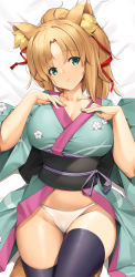 Rule 34 | 1girl, animal ear fluff, animal ears, black thighhighs, blonde hair, breasts, collarbone, commentary, commission, curvy, dog days, english commentary, floral print, fox ears, fox girl, fox tail, gluteal fold, green eyes, hair ribbon, hands on own chest, head tilt, japanese clothes, kimono, large breasts, looking at viewer, lying, mixed-language commentary, obi, on back, panties, parted bangs, parted lips, red ribbon, ribbon, sash, solo, tail, thighhighs, thighs, tony guisado, underwear, white panties, yukata, yukikaze panettone