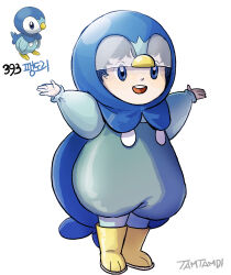 Rule 34 | 1girl, arms up, artist name, blue eyes, blue hair, blue horns, commentary request, creatures (company), full body, game freak, gen 4 pokemon, highres, horns, korean commentary, nintendo, onesie, open mouth, personification, piplup, pokemon, pokemon (creature), reference inset, simple background, tamtamdi, teeth, translated, upper teeth only, white background, yellow footwear