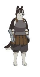 Rule 34 | 1boy, animal ears, armor, barefoot, black fur, breastplate, dog boy, dog ears, dog tail, dungeon meshi, full body, furry, furry male, highres, kuro (dungeon meshi), official art, simple background, solo, tachi-e, tail, transparent background, two-tone fur, white fur