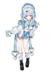 Rule 34 | 1girl, absurdres, ahoge, black footwear, blue bow, blue nails, blue skirt, blush, bow, closed mouth, commentary, controller, copyright request, crop top, deitaku, earrings, frills, full body, hair between eyes, hair bow, hair ornament, hairclip, hand up, heart, heart earrings, highres, holding, holding controller, jacket, jewelry, knees, leaning forward, legs, long hair, looking at viewer, midriff, nail polish, navel, open clothes, open jacket, simple background, skirt, socks, solo, standing, thighs, white background, white jacket, white socks