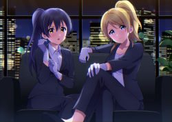 Rule 34 | 2girls, absurdres, adjusting clothes, adjusting gloves, ayase eli, black suit, blonde hair, blue eyes, blue hair, chromatic aberration, couch, crossed legs, formal, gloves, highres, indoors, jacket, long hair, looking at viewer, love live!, love live! school idol project, multiple girls, nanatsu no umi, on couch, open mouth, pant suit, pants, ponytail, sitting, skyline, sonoda umi, suit, swept bangs, white gloves, window, yellow eyes