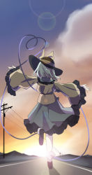 Rule 34 | 1girl, absurdres, black footwear, black hat, blouse, chinese commentary, cloud, collared shirt, commentary request, eyeball, facing away, frilled shirt collar, frilled skirt, frilled sleeves, frills, from behind, full body, green skirt, hat, hat ribbon, heart, heart of string, highres, komeiji koishi, lens flare, lian mang, light green hair, long sleeves, medium hair, medium skirt, outdoors, outstretched arms, ribbon, shadow, shirt, shoes, skirt, sky, solo, standing, standing on one leg, sun, sunset, third eye, touhou, wavy hair, wide sleeves, yellow ribbon, yellow shirt