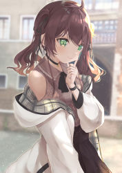 Rule 34 | 1girl, ahoge, amaton707, bare shoulders, black ribbon, black skirt, blurry, blurry background, blush, brown hair, brown shirt, closed mouth, clothing cutout, day, depth of field, eyebrows hidden by hair, green eyes, hair ribbon, hand up, highres, hololive, hood, hood down, hooded jacket, jacket, long hair, long sleeves, natsuiro matsuri, natsuiro matsuri (casual), off shoulder, open clothes, open jacket, outdoors, plaid, puffy long sleeves, puffy sleeves, ribbon, shirt, shoulder cutout, skirt, smile, solo, twintails, virtual youtuber, white jacket