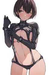 1girl absurdres black_gloves breasts brown_eyes brown_hair cleavage closed_mouth cowboy_shot gantz gantz_suit gloves hifumi_chiyoko highres large_breasts looking_to_the_side navel revealing_clothes short_hair simple_background solo stomach white_background yamasaki_anzu