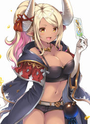 Rule 34 | 1girl, :d, alternate costume, black robe, black shorts, blonde hair, blush, breasts, card, cleavage, collarbone, dark-skinned female, dark skin, draph, elbow gloves, fang, gloves, gourd, granblue fantasy, horns, kumbhira (granblue fantasy), large breasts, long hair, looking at viewer, midriff, navel, open mouth, pilokey, pointy ears, ponytail, robe, short shorts, shorts, simple background, smile, solo, tarot, upper body, white background, white gloves, yellow eyes
