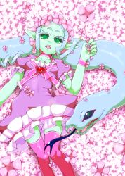 Rule 34 | 1girl, black sclera, colored eyelashes, colored sclera, dress, female focus, flower, forked tongue, green eyes, green hair, highres, lying, monster girl, no pupils, on back, open mouth, original, pink thighhighs, pointy ears, raindrop (raidoro), sidelocks, slit pupils, snake, snake hair, solo, thighhighs, tongue, twintails