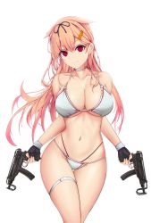 Rule 34 | 1girl, absurdres, bare arms, bare shoulders, bikini, black gloves, blonde hair, breasts, choker, cleavage, collarbone, dual wielding, fingerless gloves, franz (217franz), gloves, gun, hair flaps, hair ornament, hair ribbon, hairclip, halterneck, highres, holding, kantai collection, large breasts, long hair, looking at viewer, multi-strapped bikini, red eyes, ribbon, simple background, skorpion vz. 61, smile, solo, string bikini, submachine gun, swimsuit, weapon, white background, white bikini, yuudachi (kancolle), yuudachi kai ni (kancolle)
