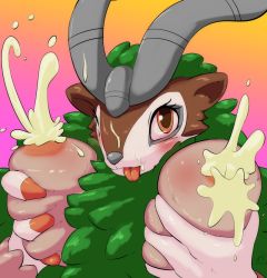 Rule 34 | 1girl, 2017, animal ears, blush, breast hold, breasts, cottontail, creatures (company), dated, female focus, furry, furry female, game freak, gen 6 pokemon, gogoat, gradient background, hands up, horns, lactation, large breasts, looking up, nintendo, nipples, one eye closed, orange eyes, personification, pokemon, pokemon (creature), pokemon xy, purple background, signature, simple background, solo, text focus, tongue, tongue out, upper body, watermark, wink