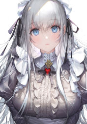 Rule 34 | 1girl, black ribbon, blue eyes, breasts, closed mouth, hair ribbon, heart, highres, large breasts, long hair, long sleeves, looking at viewer, maid, maid headdress, original, ribbon, sencha (senchat), silver hair, simple background, solo, twintails, twitter username, upper body, white background