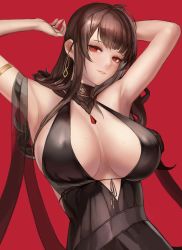 Rule 34 | 1girl, antenna hair, armlet, armpits, arms up, breasts, breasts apart, brown dress, commentary, covered erect nipples, dress, dsr-50 (girls&#039; frontline), earrings, english commentary, girls&#039; frontline, halterneck, hands up, huge breasts, jewelry, long hair, looking at viewer, md5 mismatch, monaim, no bra, official alternate costume, parted lips, red background, red eyes, resolution mismatch, ring, simple background, smile, solo, upper body