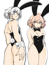 Rule 34 | 2girls, absurdres, animal ears, ass, backless leotard, bare legs, bare shoulders, black leotard, black neckwear, bow, bowtie, breasts, cleavage, cowboy shot, cuffs, detached collar, earrings, eyes visible through hair, fake animal ears, grey eyes, highres, io (project a.i.d), jewelry, leotard, looking at another, looking at viewer, medium breasts, medium hair, multiple girls, noa (project a.i.d), orange hair, parted lips, pink eyes, playboy bunny, project a.i.d, rabbit ears, rabbit tail, silver hair, simple background, tail, thighs, toshinoshin, virtual youtuber, white background