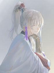 Rule 34 | 1boy, androgynous, archer (fate/samurai remnant), arm guards, chinese clothes, chinese hairpin, fate/samurai remnant, fate (series), grey hair, hair ornament, hanfu, high ponytail, keclpshvli, long hair, male focus, multicolored hair, ponytail, simple background, smile, solo, streaked hair, tassel, tassel hair ornament, yellow eyes