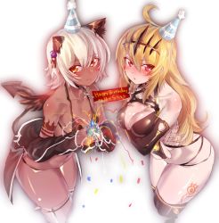 Rule 34 | 10s, 2girls, ahoge, animal ears, black rock shooter, blonde hair, blush, breasts, chariot (black rock shooter), cleavage, crown, dark skin, dark-skinned female, deluxe&lt;&lt;&lt;, dress, happy birthday, hat, long hair, looking at viewer, medium breasts, multiple girls, navel, open mouth, party hat, party popper, red eyes, short hair, small breasts, strength (black rock shooter), tail, tattoo, thighhighs, white hair, yellow eyes