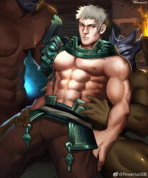 Rule 34 | 3boys, absurdres, bara, bulge, check copyright, clothed male nude male, copyright request, dark-skinned male, dark skin, dungeon, feet out of frame, fire, group sex, highres, large pectorals, leaning back, leaning on person, male focus, mask, mmm threesome, multiple boys, muscular, muscular male, nipples, nude, original, pectoral cleavage, pectorals, powerlesssong, scar, scar across eye, sitting, sitting on lap, sitting on person, solo focus, spread legs, stomach, thick thighs, thighs, threesome, topless male, yaoi