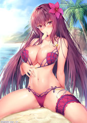 Rule 34 | 1girl, artist name, ass, beach, bikini, bikini pull, blush, breasts, bridal garter, cleavage, clothes pull, cloud, cloudy sky, collarbone, day, fate/grand order, fate (series), flipped hair, flower, food, food in mouth, gluteal fold, hair between eyes, hair flower, hair intakes, hair ornament, highres, large breasts, legs apart, long hair, looking at viewer, mouth hold, navel, obiwan, ocean, outdoors, palm tree, pink bikini, popsicle, purple bikini, purple eyes, purple hair, sand, scathach (fate), scathach (fate/grand order), scathach (swimsuit assassin) (fate), sitting, skindentation, sky, solo, spread legs, string bikini, swimsuit, thigh strap, tree, twitter username, very long hair, water