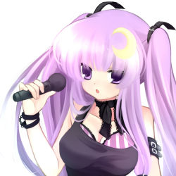 Rule 34 | 1girl, alternate costume, alternate hairstyle, bad id, bad pixiv id, bra, contemporary, crescent, crescent hair ornament, crescent moon, etou (cherry7), female focus, hair ornament, lingerie, long hair, microphone, moon, patchouli knowledge, purple eyes, purple hair, solo, touhou, twintails, underwear