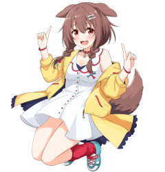 Rule 34 | 1girl, :3, :d, absurdres, animal collar, animal ears, blush, bone hair ornament, bracelet, braid, brown eyes, brown hair, buttons, collar, dog ears, dog girl, dog tail, dress, fangs, felutiahime, full body, hair between eyes, hair ornament, hairclip, highres, hololive, index fingers raised, inugami korone, inugami korone (1st costume), jacket, jewelry, jumping, long hair, looking at viewer, loose socks, low twin braids, off shoulder, open mouth, red collar, red socks, shoes, short dress, simple background, smile, sneakers, socks, solo, tail, twin braids, twintails, virtual youtuber, white background, white dress, yellow jacket