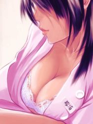 Rule 34 | 1girl, bra, breasts, brown hair, cleavage, lingerie, lips, name tag, small breasts, solo, translated, underwear