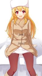 Rule 34 | 1girl, arm support, arms behind back, bad id, bad tumblr id, blonde hair, blush, bokokichi (you), brown pantyhose, coat, fur hat, hat, highres, long hair, looking at viewer, open mouth, pantyhose, red eyes, sitting, smile, solo, winter clothes, winter coat