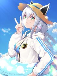 Rule 34 | 1girl, alternate costume, alternate hairstyle, animal ears, bikini, blue bikini, blue sky, blush, braid, breasts, cleavage, closed mouth, cloud, cloudy sky, day, earrings, fox ears, green eyes, hair between eyes, hat, highres, hololive, hood, hooded jacket, innertube, jacket, jewelry, long hair, long sleeves, looking at viewer, medium breasts, mikan (chipstar182), open clothes, open jacket, outdoors, shirakami fubuki, shirakami fubuki (hololive summer 2019), side braid, silver hair, sky, smile, solo, straw hat, sunlight, swim ring, swimsuit, twin braids, upper body, v, virtual youtuber, white jacket