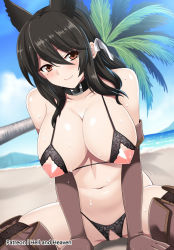 Rule 34 | 1girl, alternate costume, animal ears, atago (azur lane), azur lane, bare shoulders, beach, bikini, black bikini, black hair, boots, breasts, brown eyes, brown footwear, brown gloves, censored, choker, cleavage, cloud, cloudy sky, cross-laced footwear, crotch cutout, crotchless, crotchless panties, day, elbow gloves, gloves, hair between eyes, hair ribbon, hellandheaven, highres, large breasts, leather, leather boots, leather gloves, long hair, looking at viewer, mole, mole under eye, mosaic censoring, navel, nipple cutout, nippleless clothes, nipples, ocean, outdoors, palm tree, panties, patreon username, ribbon, sitting, sky, smile, solo, spread legs, string bikini, sweat, swimsuit, thigh boots, thighhighs, thighs, tree, underwear