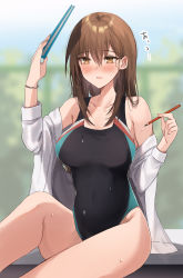 Rule 34 | 1girl, black one-piece swimsuit, blurry, blurry background, book, breasts, brown eyes, brown hair, commentary request, competition swimsuit, covered navel, cowboy shot, highres, kinona, lab coat, large breasts, long hair, multicolored clothes, multicolored swimsuit, one-piece swimsuit, original, pencil, sitting, solo, swimsuit