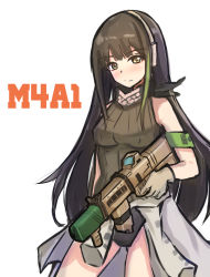 Rule 34 | 1girl, armband, bad gun anatomy, black hair, black panties, blush, breasts, character name, closed mouth, clothes around waist, cursed m4a1 (meme), girls&#039; frontline, gloves, green vest, grey gloves, headset, highres, jacket, jacket around waist, long hair, looking at viewer, m4a1 (girls&#039; frontline), medium breasts, multicolored hair, omurainu, panties, simple background, solo, streaked hair, underwear, vest, white background, yellow eyes