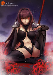 Rule 34 | 1girl, arm support, armor, armpits, black gloves, black thighhighs, blood, blood from mouth, breasts, bruise, covered navel, elbow gloves, fate/grand order, fate (series), female pubic hair, flower, gae bolg (fate), garter straps, gloves, injury, large breasts, long hair, looking at viewer, mibry (phrysm), pauldrons, polearm, pubic hair, purple hair, red eyes, scathach (fate), shoulder armor, sitting, solo, spear, spider lily, spread legs, thighhighs, very long hair, weapon