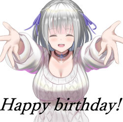 Rule 34 | 1girl, :d, ^ ^, black choker, braid, breasts, choker, cleavage, closed eyes, collarbone, commentary request, facing viewer, grey hair, hair ribbon, happy birthday, highres, hololive, large breasts, long sleeves, natsuki (natukituki), open mouth, outstretched arms, puffy long sleeves, puffy sleeves, purple ribbon, ribbed sweater, ribbon, shirogane noel, shirogane noel (casual), simple background, smile, solo, striped ribbon, sweater, teeth, upper body, upper teeth only, virtual youtuber, white background, white sweater