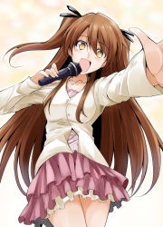 Rule 34 | 10s, 1girl, :d, bare legs, bibi02, blush, brown hair, cardigan, female focus, frilled skirt, frills, hair between eyes, hair ribbon, happy, holding, holding microphone, jewelry, legs, long hair, long sleeves, looking at viewer, microphone, music, necklace, ogiso setsuna, open mouth, outstretched arm, ribbon, singing, skirt, smile, solo, two side up, white album, white album (series), white album 2, yellow eyes