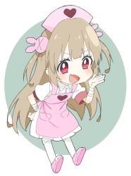 Rule 34 | 1girl, absurdres, apron, armband, bad id, bad twitter id, bandages, blush, chibi, collared shirt, donguri suzume, fang, hair ornament, hat, heart, highres, light brown hair, long hair, looking at viewer, natori sana, nurse cap, open mouth, pink apron, pink hat, puffy short sleeves, puffy sleeves, rabbit hair ornament, red eyes, sana channel, shirt, short sleeves, solo, twintails, two side up, virtual youtuber, white legwear