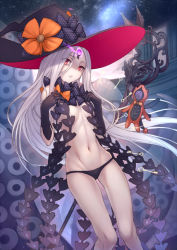 Rule 34 | 1girl, abigail williams (fate), bad id, bad pixiv id, bare shoulders, black bow, black gloves, black hat, black panties, bow, breasts, elbow gloves, facial mark, fate/grand order, fate (series), feet out of frame, floating, forehead mark, gloves, glowing, hair between eyes, hat, key, kyoeiki, looking at viewer, navel, night, night sky, orange bow, pale skin, panties, parted bangs, parted lips, polka dot, polka dot bow, red eyes, revealing clothes, shaded face, sky, small breasts, solo, stomach, stuffed toy, tentacles, underwear, witch hat