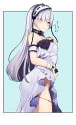 Rule 34 | 1girl, alp, anastasia (fate), arm garter, bare shoulders, blue eyes, blush, bracelet, cosplay, dress, euryale (fate), euryale (fate) (cosplay), fate/grand order, fate (series), hairband, hand on own chest, jewelry, jpeg artifacts, lolita hairband, long hair, looking at viewer, no panties, open mouth, silver hair, simple background, solo, strapless, strapless dress, white dress
