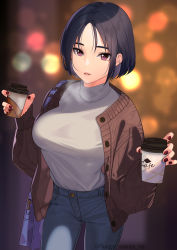Rule 34 | 1girl, absurdres, bag, black hair, blue pants, blurry, blurry background, bob cut, breasts, brown jacket, cardigan, coffee, coffee cup, cup, denim, depth of field, disposable cup, fingernails, grey sweater, highres, holding, holding cup, jacket, jeans, kagematsuri, large breasts, leaning to the side, looking at viewer, medium hair, nail polish, open clothes, open jacket, original, pants, parted lips, pink eyes, pink lips, red nails, shoulder bag, smile, solo, standing, sweater, turtleneck, turtleneck sweater, twitter username