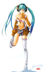 Rule 34 | 1girl, aqua eyes, aqua hair, bare shoulders, elbow gloves, gloves, goodsmile company, hatsune miku, long hair, midriff, navel, off shoulder, racing miku, shorts, skindentation, smile, solo, strap slip, thighhighs, twintails, undressing, very long hair, vocaloid