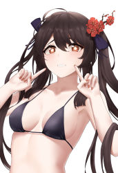 Rule 34 | 1girl, absurdres, bikini, blush, breasts, brown hair, fingersmile, flower, genshin impact, hair flower, hair ornament, hair ribbon, hands on own hips, highres, hu tao (genshin impact), index finger raised, long hair, looking at viewer, n9at, raised eyebrows, red eyes, ribbon, small breasts, smile, solo, swimsuit, symbol-shaped pupils, teeth, twintails, upper body, very long hair