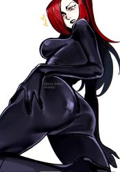 Rule 34 | 1girl, alternate costume, ass, ass grab, black lips, bodysuit, from behind, from below, grabbing own ass, hair over one eye, heart, highres, kneeling, long hair, looking back, looking down, parasoul (skullgirls), parted lips, red hair, skullgirls, solo, sunsunsunsun311, white background