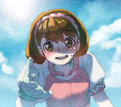 Rule 34 | 1girl, brown eyes, brown hair, female focus, gensou suikoden, gensou suikoden ii, gloves, hairband, looking at viewer, nanamako, nanami (suikoden), open mouth, outdoors, short hair, smile, solo, upper body