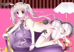 Rule 34 | 1girl, animal ears, bad id, bad pixiv id, bra, breasts, cleavage, couch, frilled bra, frilled panties, frilled pillow, frills, full body, grey hair, hairband, heart, heart-shaped pillow, high heels, lampshade, bridal garter, lolita hairband, medium breasts, niki (aroma terrace), original, panties, pillow, pink bra, pink panties, purple eyes, rabbit ears, rabbit tail, shibainu niki, shoes, solo, tail, twintails, underwear, underwear only