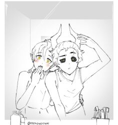 Rule 34 | 2girls, amity blight, arm around waist, black sclera, blush, colored sclera, couple, crop top, demon horns, eyebrow cut, hands on own horns, highres, horns, leaning on person, looking at mirror, luz noceda, medlowdown, mirror, monochrome, multiple girls, pointy ears, raised eyebrow, scar, spot color, the owl house, toothbrush, uneven eyes, upper body, yellow eyes, yuri