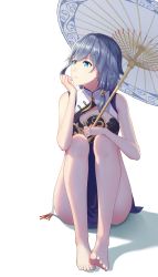 Rule 34 | 1girl, absurdres, bare shoulders, barefoot, china dress, chinese clothes, closed mouth, dress, feet, fu hua, fu hua (valkyrie accipiter), full body, hair between eyes, hair ornament, highres, holding, honkai (series), honkai impact 3rd, kojo (0124), long hair, looking away, oil-paper umbrella, on floor, sitting, sleeveless, solo, thighs, toes, umbrella, white background