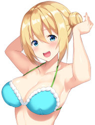 Rule 34 | 1girl, alternate hairstyle, arms up, bad id, bad pixiv id, bare shoulders, bikini, blend s, blonde hair, blue bikini, blue eyes, blush, bottomless, breasts, cocona (coconacafe), collarbone, double bun, hair between eyes, hair bun, halterneck, highres, hinata kaho, large breasts, long hair, looking at viewer, mouth hold, sidelocks, simple background, solo, swimsuit, upper body, white background