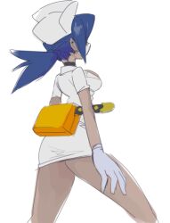 Rule 34 | 1girl, ass, belt pouch, blue hair, bonesaw, choker, from behind, gloves, hat, latex, latex gloves, mouth mask, nurse cap, ponytail, pouch, saw, skirt, skullgirls, solo, surgical mask, valentine (skullgirls), white background, yuriyuri (ccc)