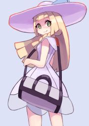 Rule 34 | 1girl, bag, bare arms, blonde hair, blue background, blunt bangs, blush, braid, breasts, closed mouth, creatures (company), dress, duffel bag, from behind, game freak, green eyes, handbag, hat, highres, lillie (pokemon), long hair, looking back, nintendo, pokemon, pokemon sm, purple background, simple background, sleeveless, sleeveless dress, small breasts, solo, standing, sun hat, tesshii (riza4828), twin braids, white dress, white hat