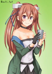Rule 34 | 1girl, anti (untea9), black gloves, black skirt, blue ribbon, breasts, brown hair, cleavage, cup, gloves, green background, green jacket, hair ribbon, highres, holding, holding cup, jacket, johnston (kancolle), kantai collection, looking at viewer, medium breasts, off-shoulder jacket, off shoulder, purple eyes, ribbon, simple background, single glove, skirt, smile, solo, twitter username, two side up