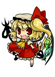 Rule 34 | 1girl, :d, ascot, blonde hair, bow, chibi, female focus, flandre scarlet, full body, hair bow, hat, looking at viewer, mary janes, open mouth, red eyes, shoes, side ponytail, smile, socha, solo, touhou, transparent background, wings