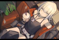 Rule 34 | 1girl, artoria pendragon (all), artoria pendragon (fate), belt, black jacket, black shorts, black thighhighs, bubble tea, chair, drink, drinking straw, dutch angle, fate (series), highres, holding, holding drink, jacket, lanzi (415460661), leaf, letterboxed, official alternate costume, open clothes, open jacket, plant, platinum blonde hair, saber alter, saber alter (ver. shinjuku 1999) (fate), shadow, shorts, solo, thighhighs, white belt, yellow eyes