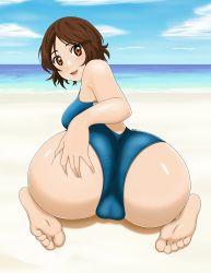Rule 34 | 1girl, absurdres, artist request, ass, ass grab, bare shoulders, barefoot, beach, blush, breasts, brown eyes, brown hair, cameltoe, come hither, deep skin, feet, from behind, highres, huge ass, looking at viewer, looking back, naughty face, one-piece swimsuit, open mouth, sawabe tsubaki, shigatsu wa kimi no uso, shiny skin, short hair, sideboob, sitting, smile, soles, solo, swimsuit, toes, wariza
