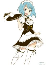 Rule 34 | 10s, 1girl, alternate costume, apron, bad id, bad pixiv id, blue hair, blush, breasts, budouya, cleavage, coffee, detached collar, enmaided, frills, hair ornament, hairclip, leg ribbon, mahou shoujo madoka magica, mahou shoujo madoka magica (anime), maid, maid apron, maid headdress, miki sayaka, open mouth, puffy short sleeves, puffy sleeves, ribbon, short hair, short sleeves, simple background, skirt, solo, spilling, thigh ribbon, thighhighs, underbust, vest, white background, zettai ryouiki